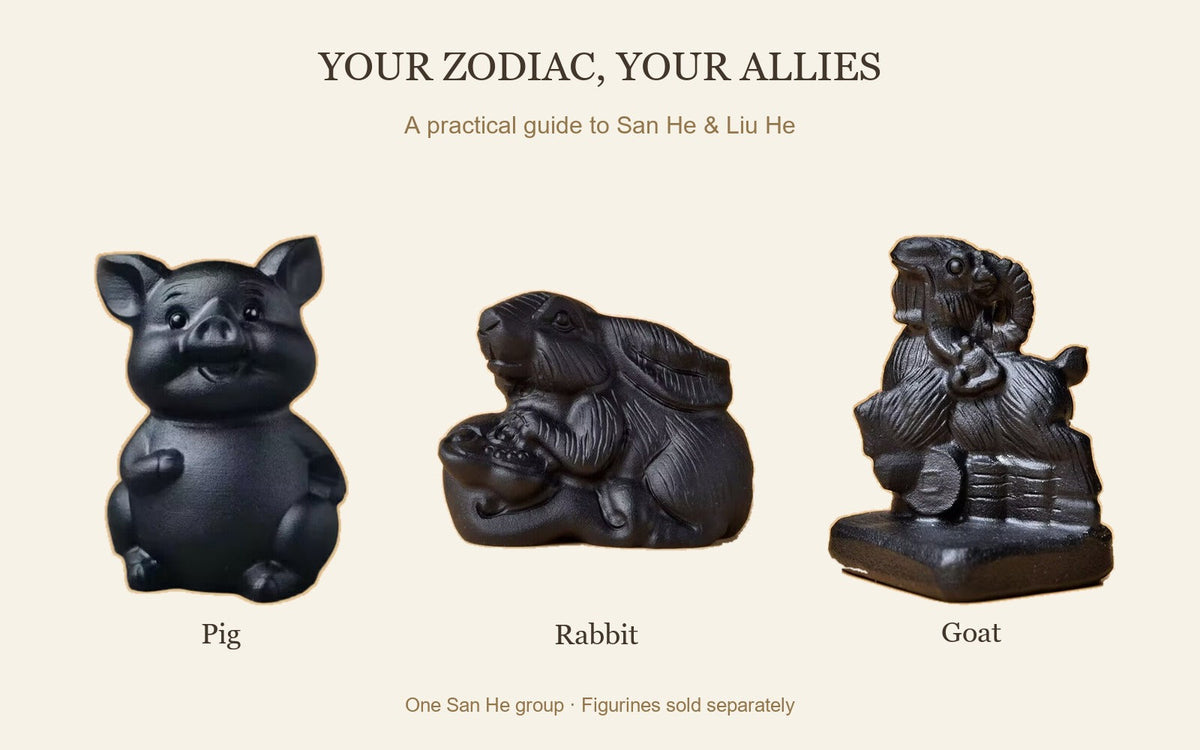 Small black obsidian Pig, Rabbit and Goat figurines illustrating one traditional San He zodiac group; sold individually