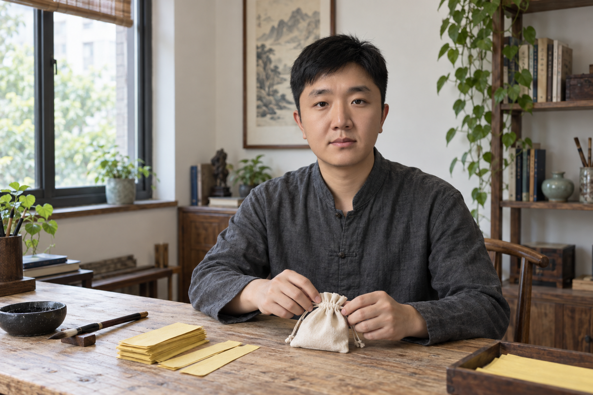 Illustrative portrait of Mike Wang at a wooden desk with talisman paper and a calligraphy brush