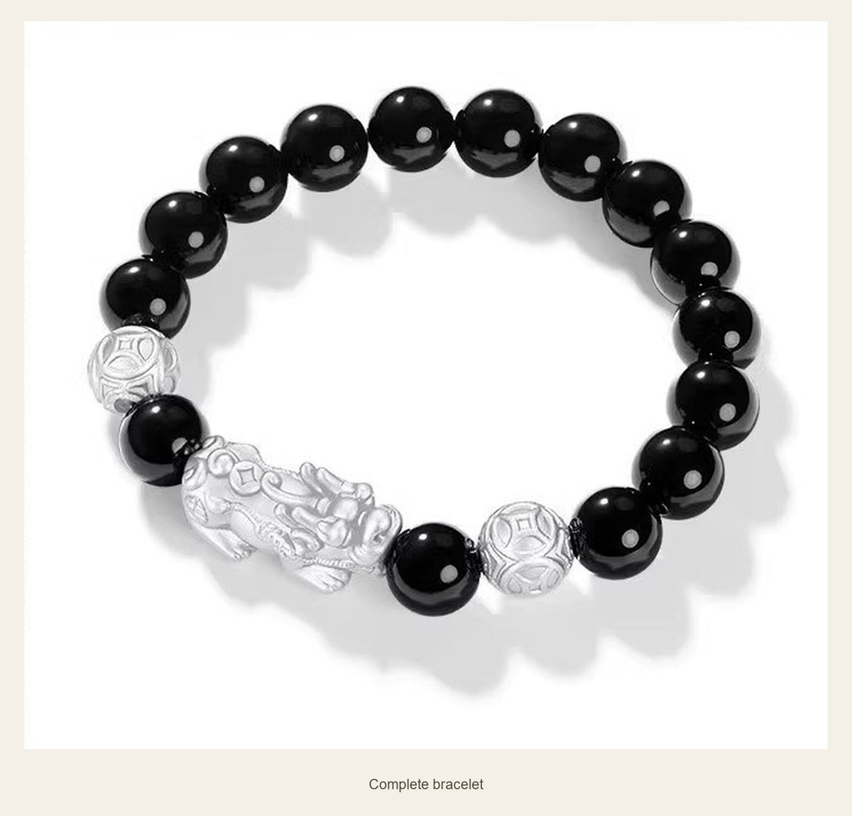 10 mm Obsidian & Fine Silver Pixiu Bracelet — complete bracelet (20 cm bracelet)