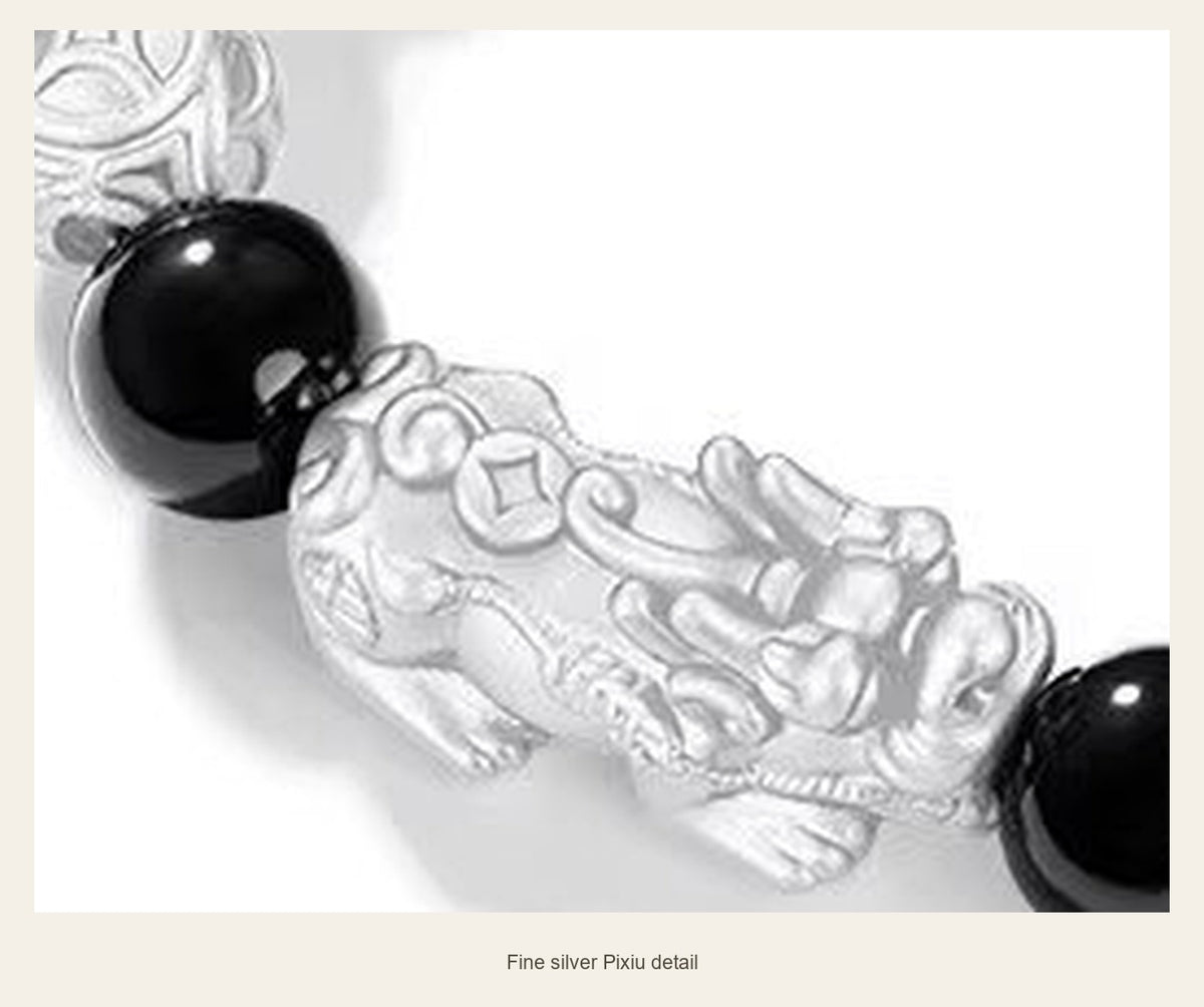 10 mm Obsidian & Fine Silver Pixiu Bracelet — fine silver pixiu detail (20 cm bracelet)
