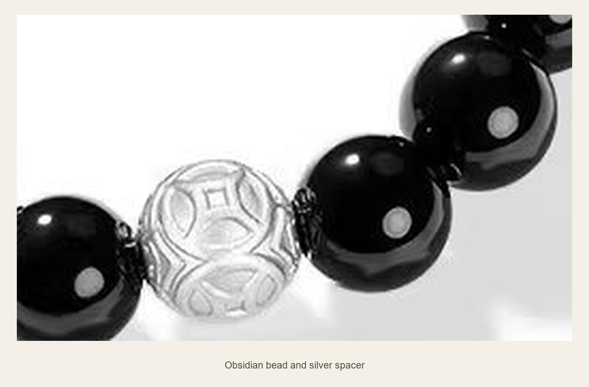 10 mm Obsidian & Fine Silver Pixiu Bracelet — obsidian bead and silver spacer (20 cm bracelet)
