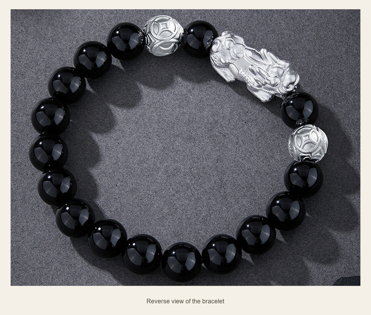 10 mm Obsidian & Fine Silver Pixiu Bracelet — reverse view of the bracelet