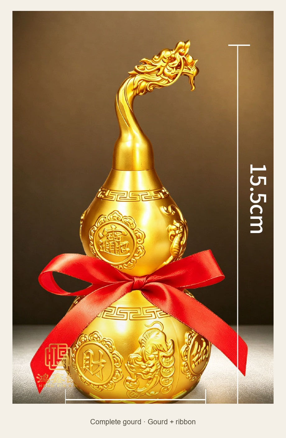 Brass Dragon-Head Hulu Gourd — 15.5 cm — complete gourd (Gourd + ribbon)