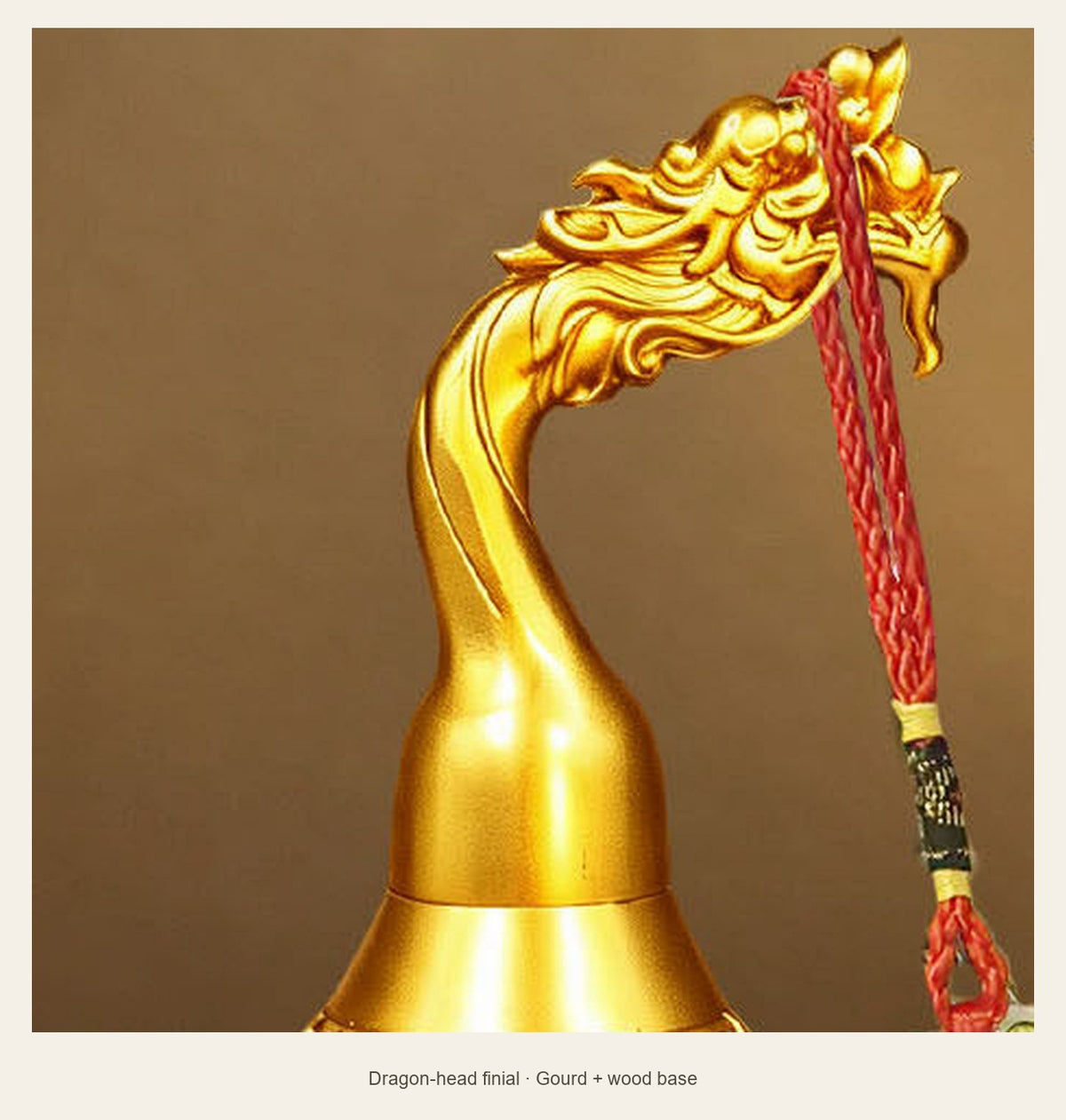 Brass Dragon-Head Hulu Gourd — 15.5 cm — dragon-head finial (Gourd + wood base)