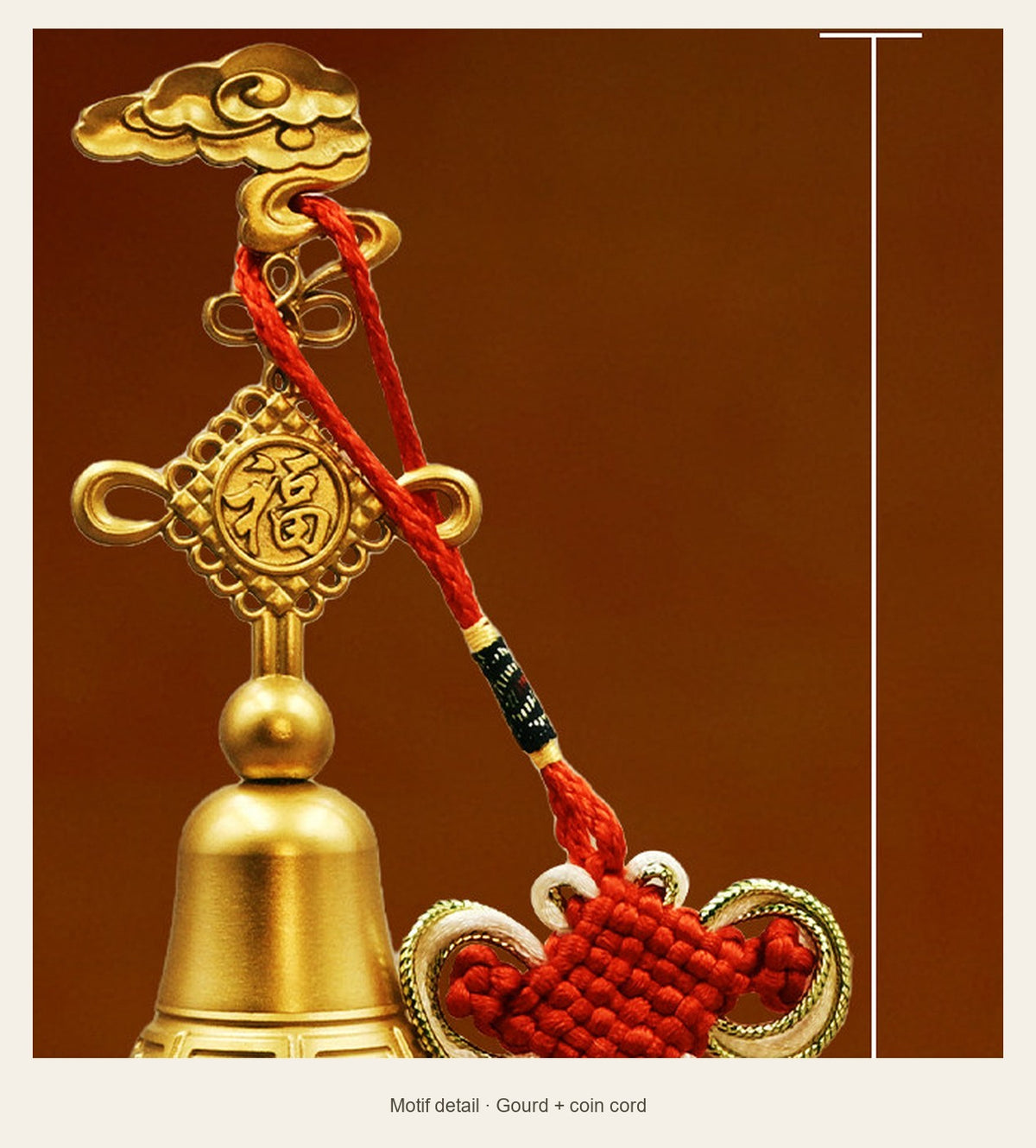 Brass Five Blessings Hulu Gourd — 24 cm — motif detail (Gourd + coin cord)