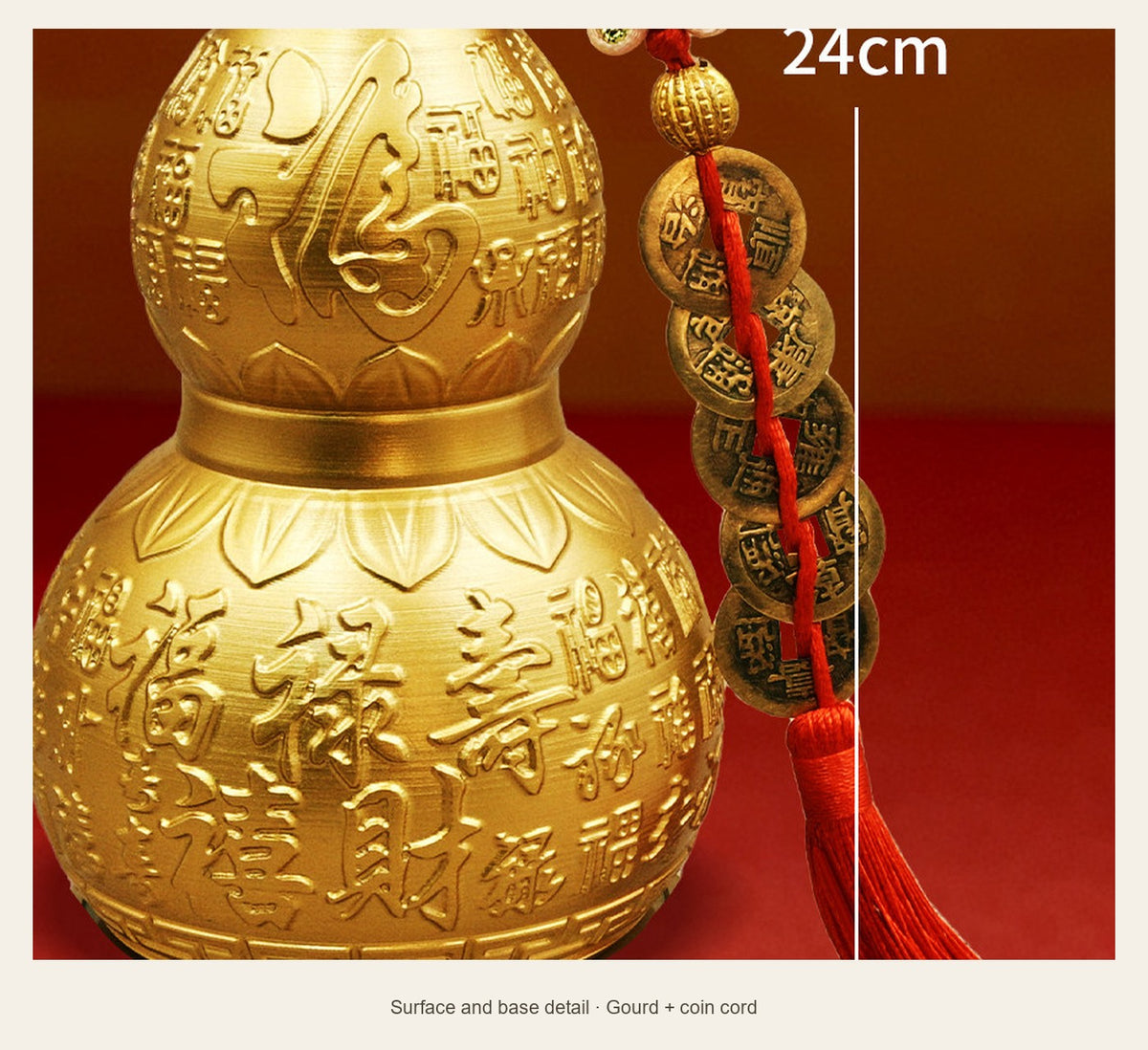 Brass Five Blessings Hulu Gourd — 24 cm — surface and base detail (Gourd + coin cord)
