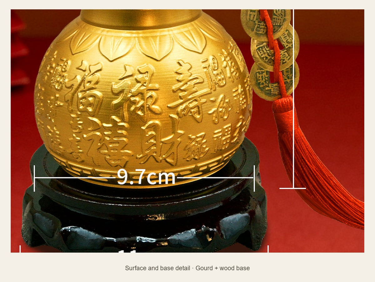 Brass Five Blessings Hulu Gourd — 24 cm — surface and base detail (Gourd + wood base)
