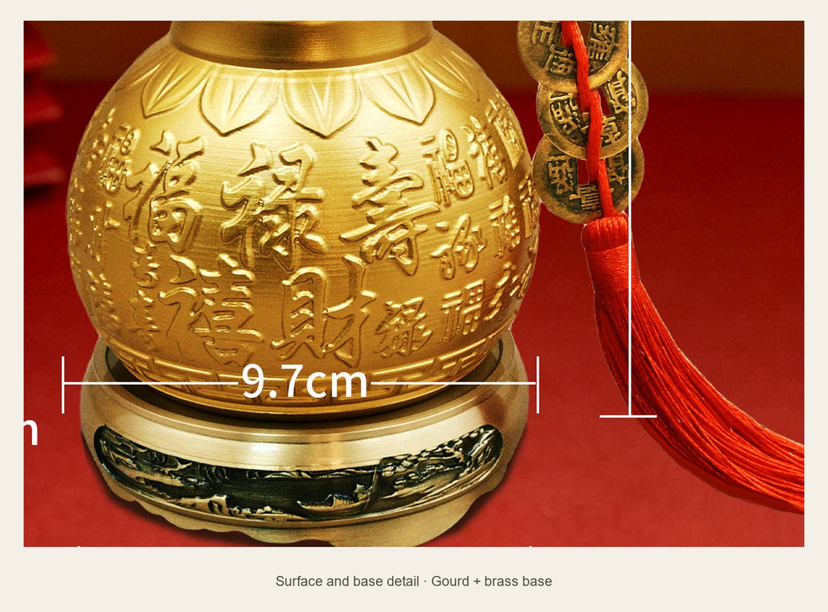Brass Five Blessings Hulu Gourd — 24 cm — surface and base detail (Gourd + brass base)