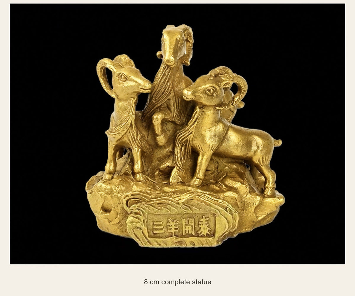 Brass Three Goats Statue — San Yang Kai Tai — 8 cm complete statue
