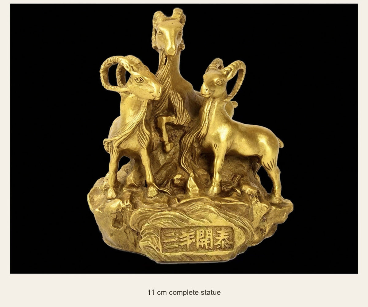 Brass Three Goats Statue — San Yang Kai Tai — 11 cm complete statue