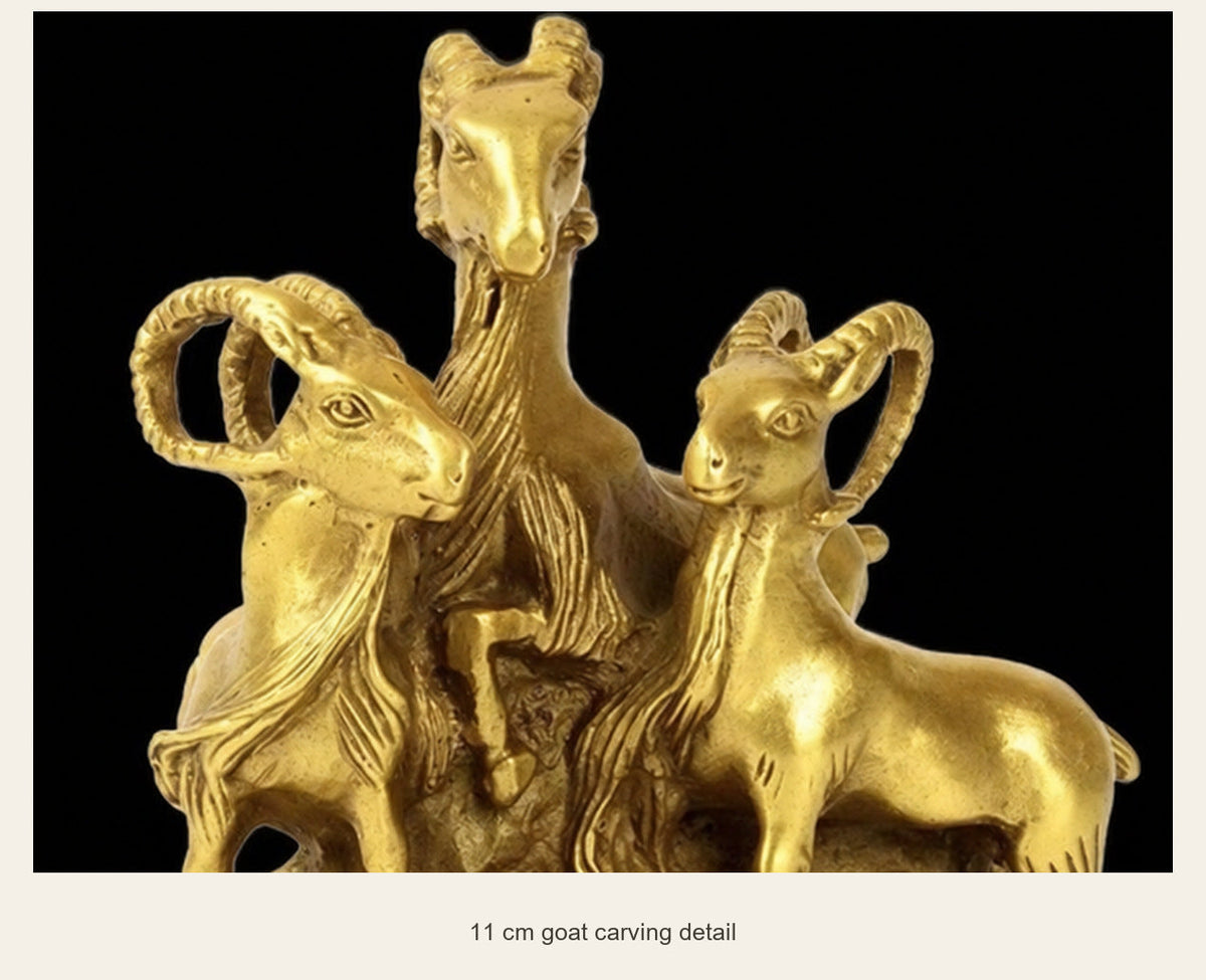 Brass Three Goats Statue — San Yang Kai Tai — 11 cm goat carving detail