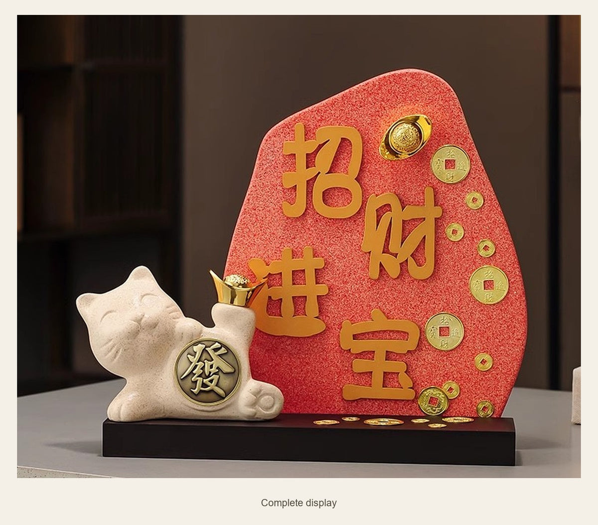 Ceramic Lucky Cat & Red Prosperity Display — complete display (Cat and plaque)