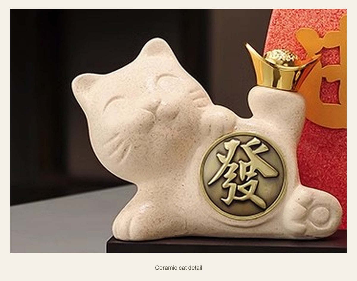 Ceramic Lucky Cat & Red Prosperity Display — ceramic cat detail (Cat and plaque)