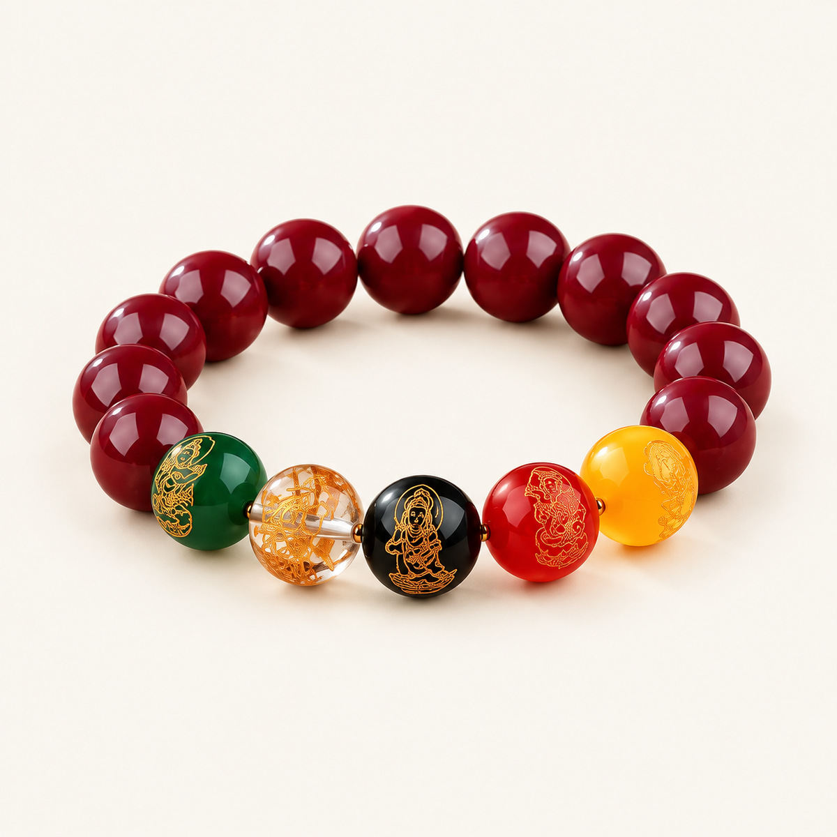 Cinnabar Five Element Wealth Bracelet on an ivory background