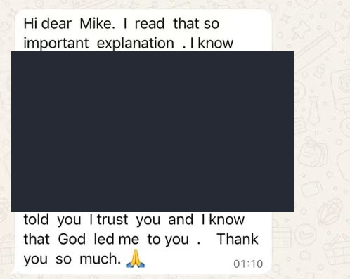 Redacted WhatsApp feedback expressing trust and thanks