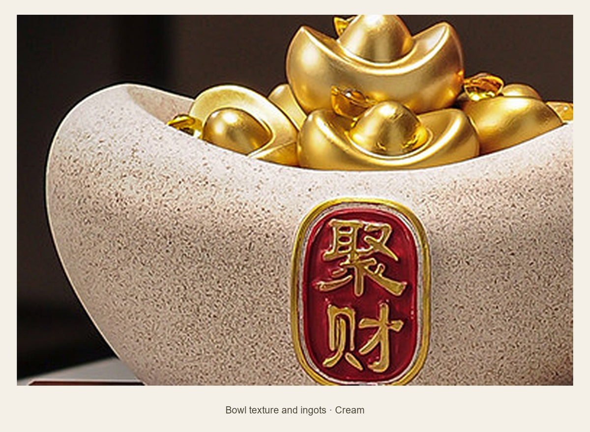 Compact Resin Wealth Bowl with Display Base — bowl texture and ingots (Cream)