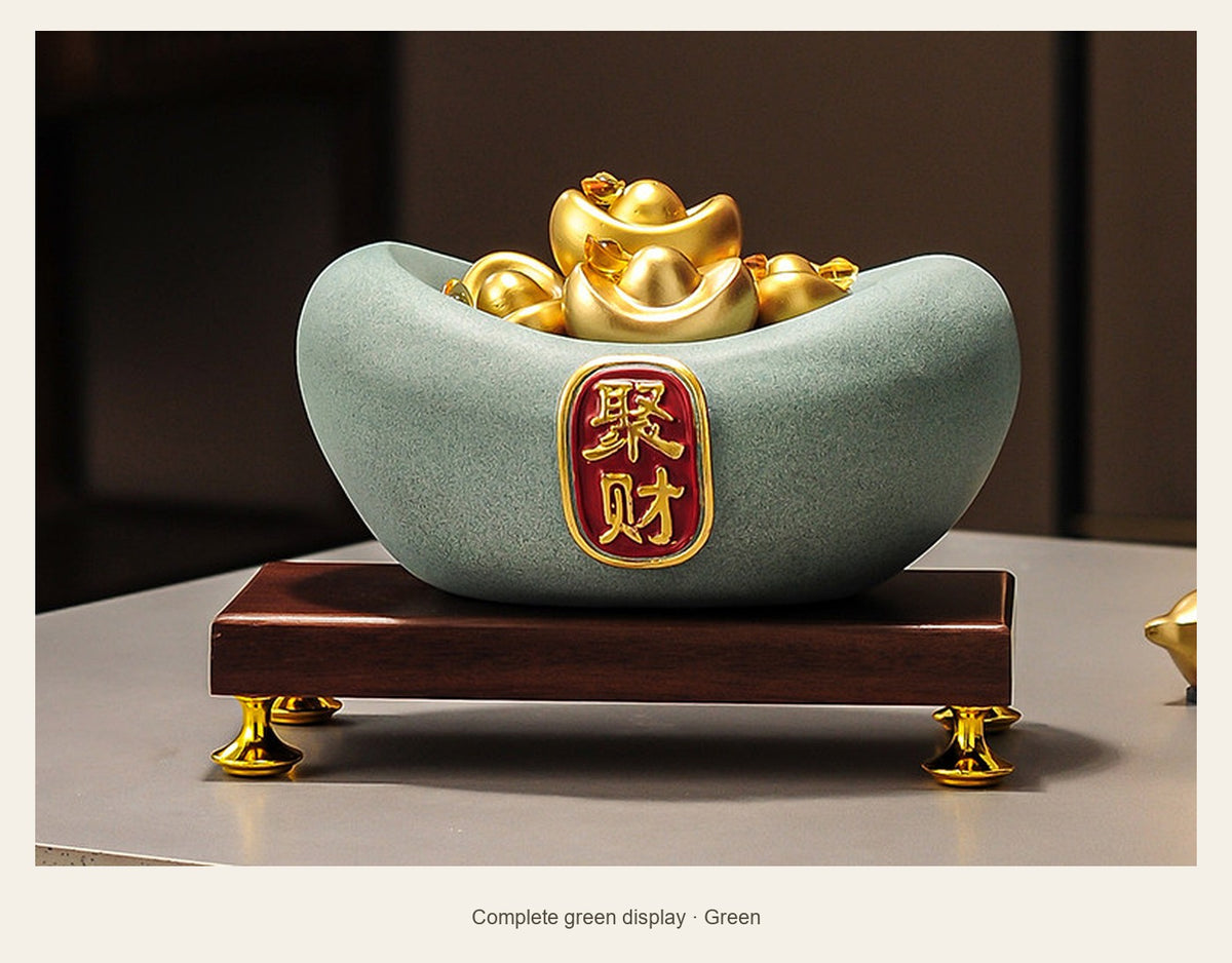 Compact Resin Wealth Bowl with Display Base — complete green display (Green)