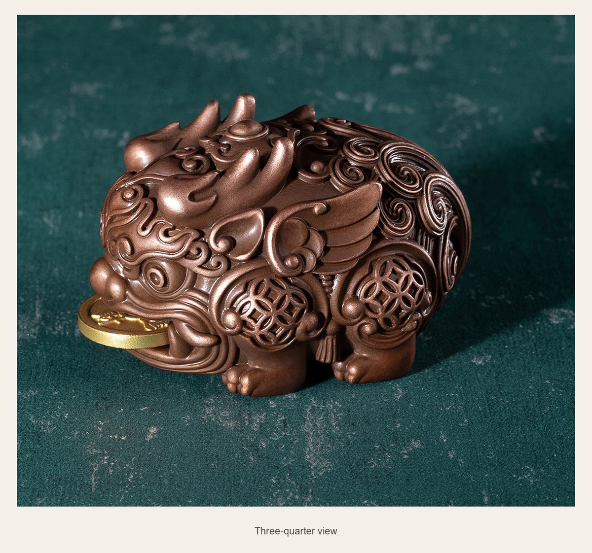 Copper Pixiu with Coin — 6.8 cm — three-quarter view (Single statue)