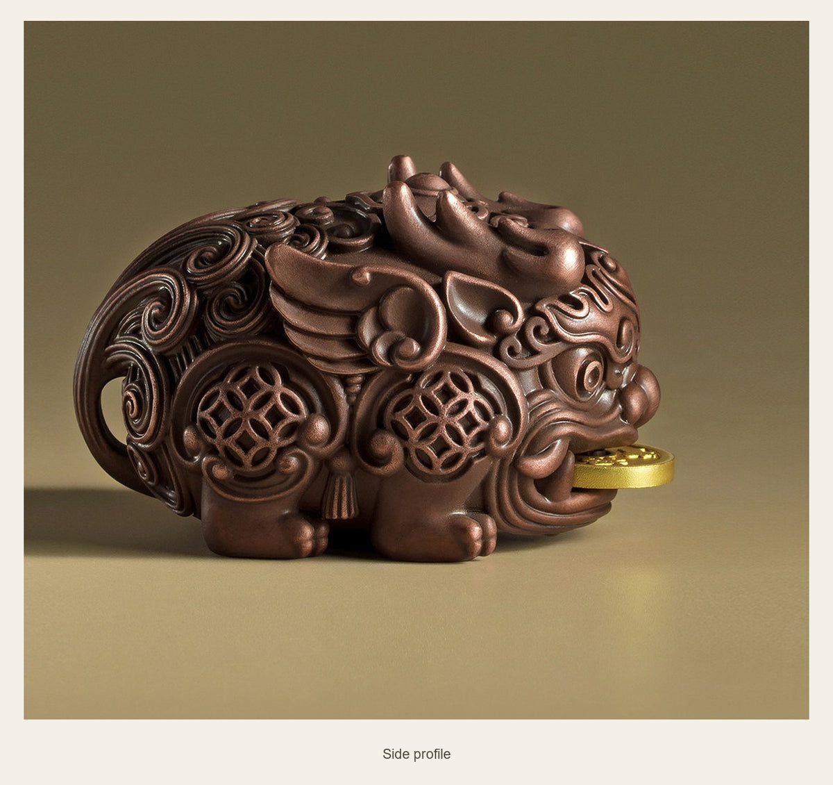 Copper Pixiu with Coin — 6.8 cm — side profile (Single statue)