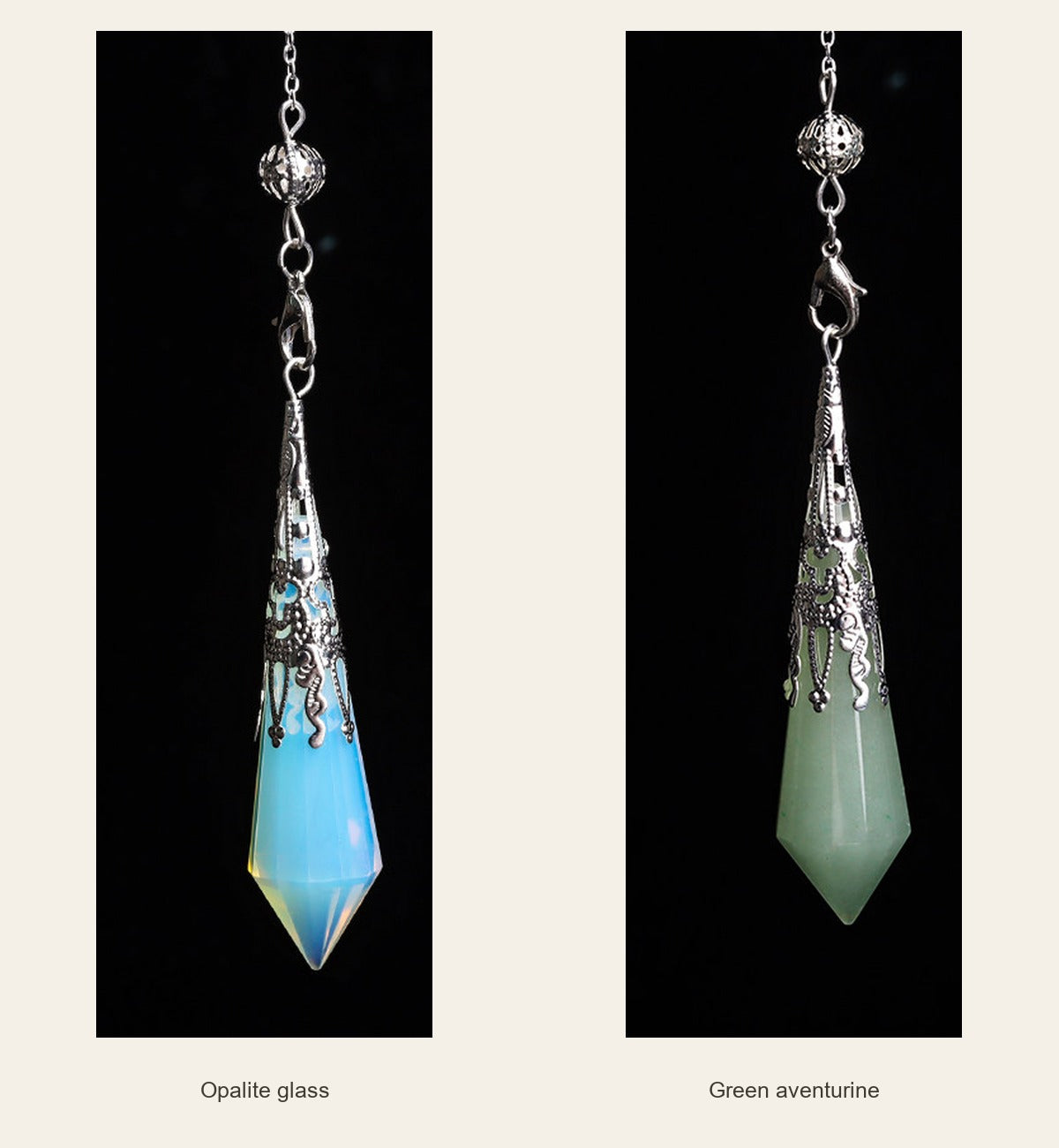 Crystal Pendulum — Gemstone & Glass Options — opalite glass / green aventurine