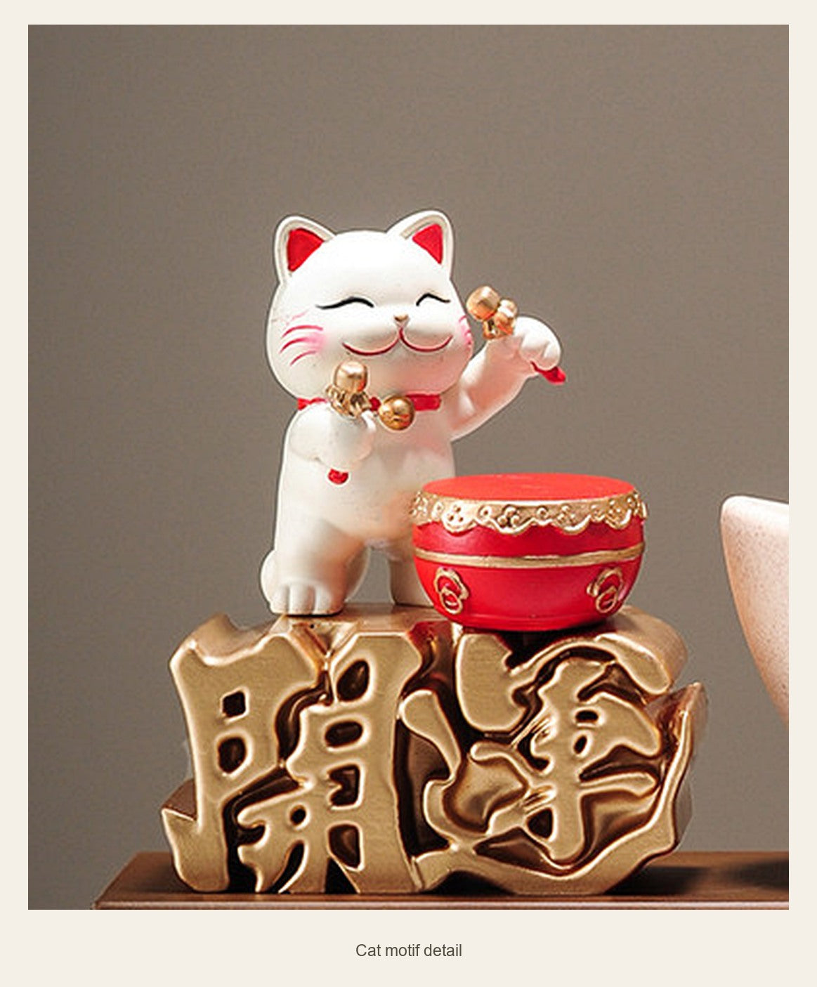 Drummer Lucky Cat & Wealth Bowl — cat motif detail (Complete display)