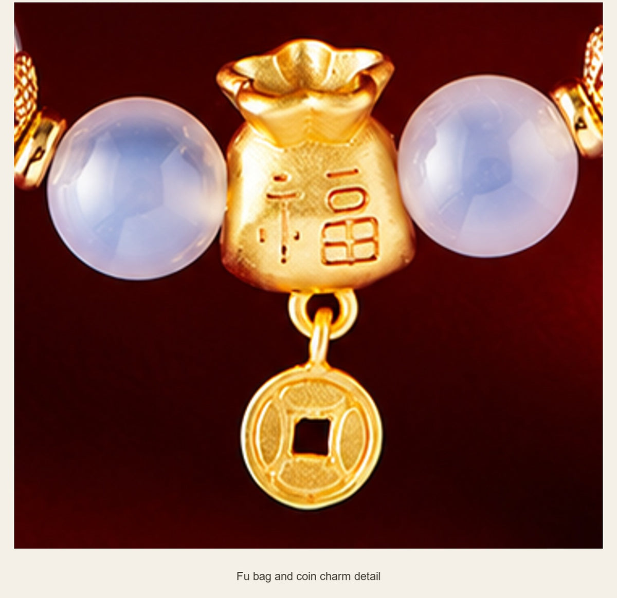 Five Blessings Agate & Liuli Glass Bracelet — fu bag and coin charm detail