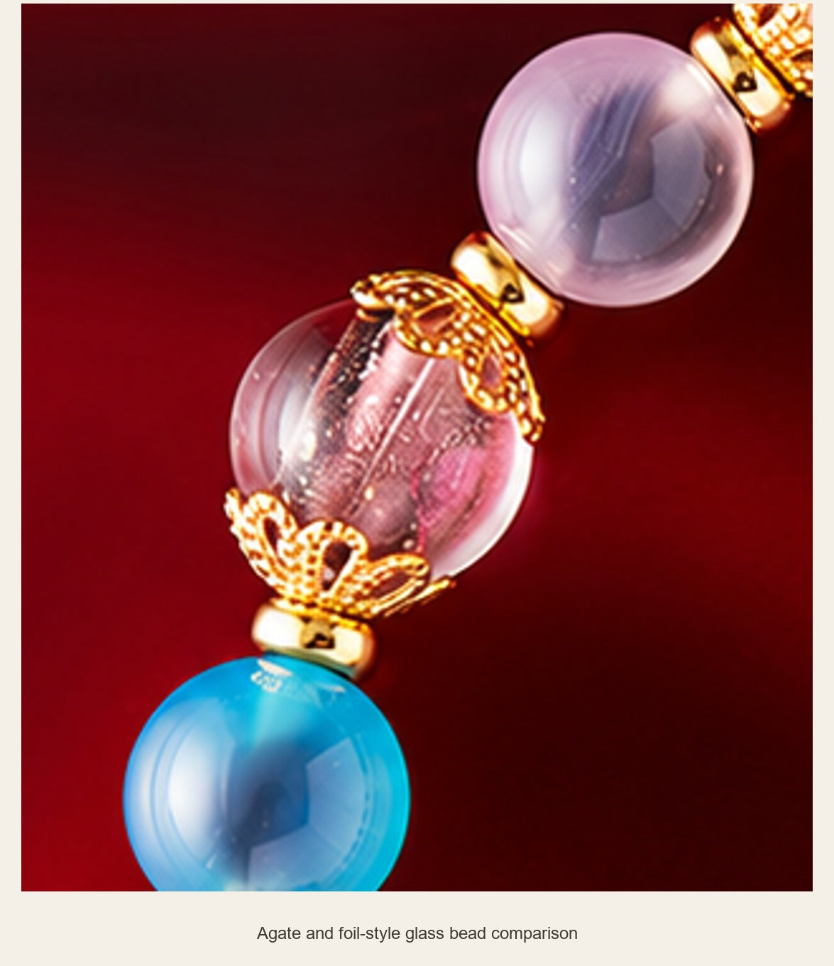 Five Blessings Agate & Liuli Glass Bracelet — agate and foil-style glass bead comparison