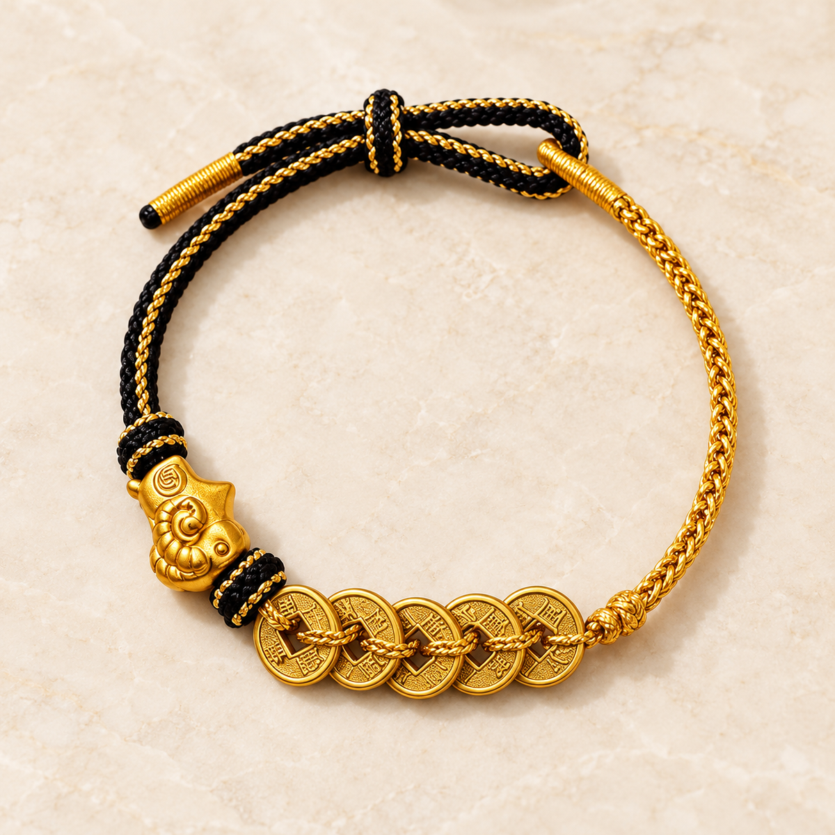 Five gold-tone coin charms and a goat charm on a black braided bracelet #cord color_black