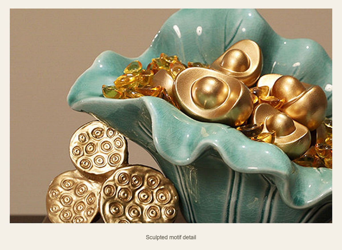 Green Ceramic Lotus Wealth Display — sculpted motif detail (Complete display)