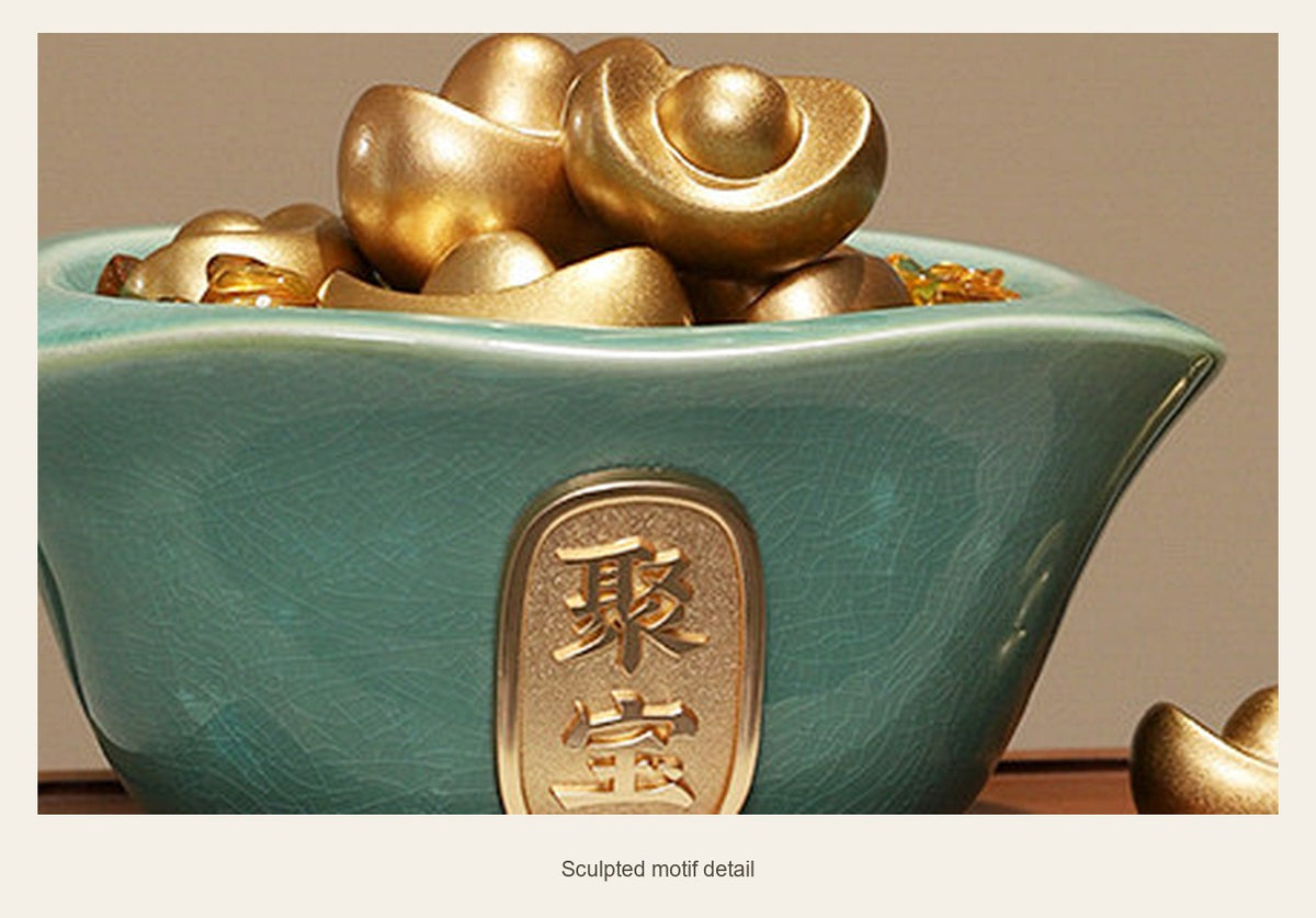 Green Ceramic Wealth Bowl with Wood Base — sculpted motif detail (Complete display)