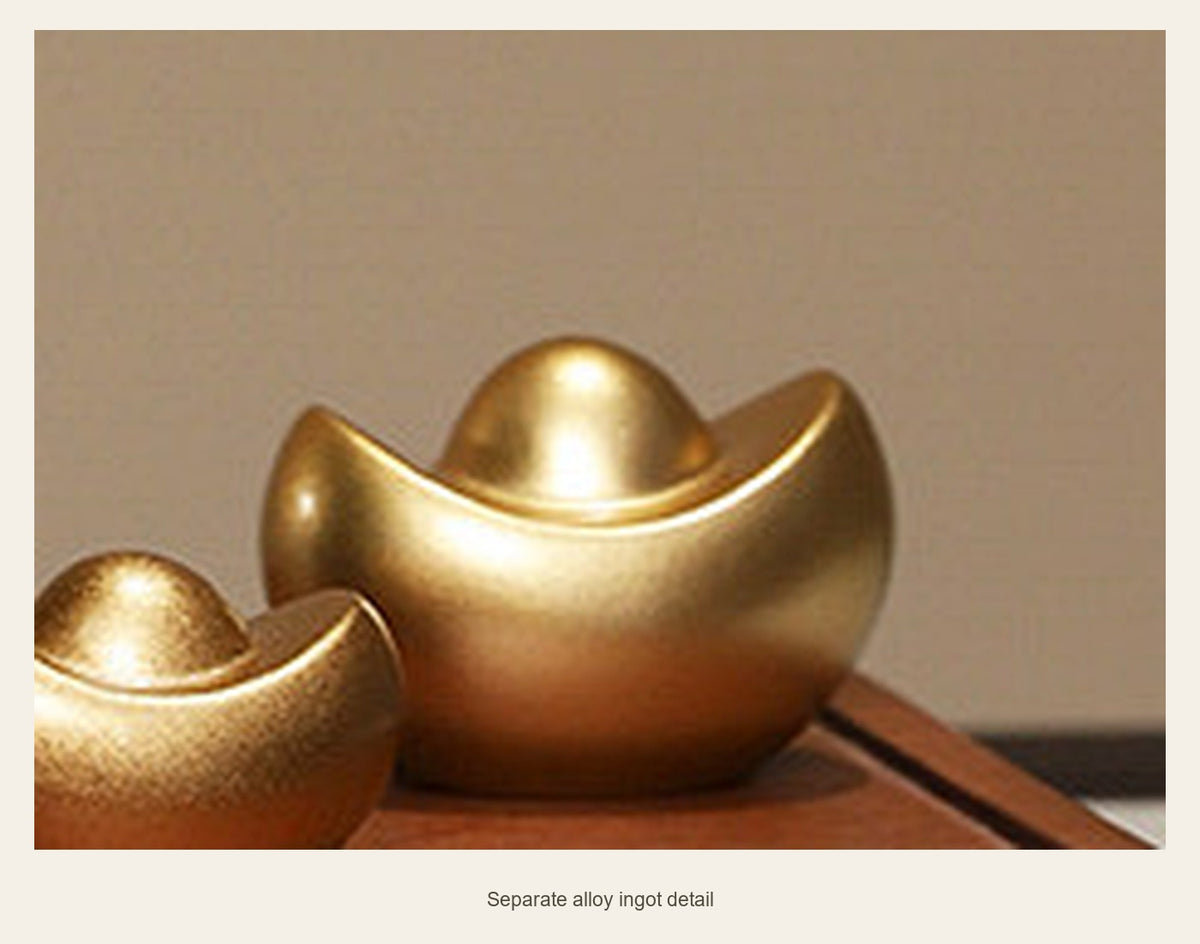 Green Ceramic Wealth Bowl with Wood Base — separate alloy ingot detail (Complete display)