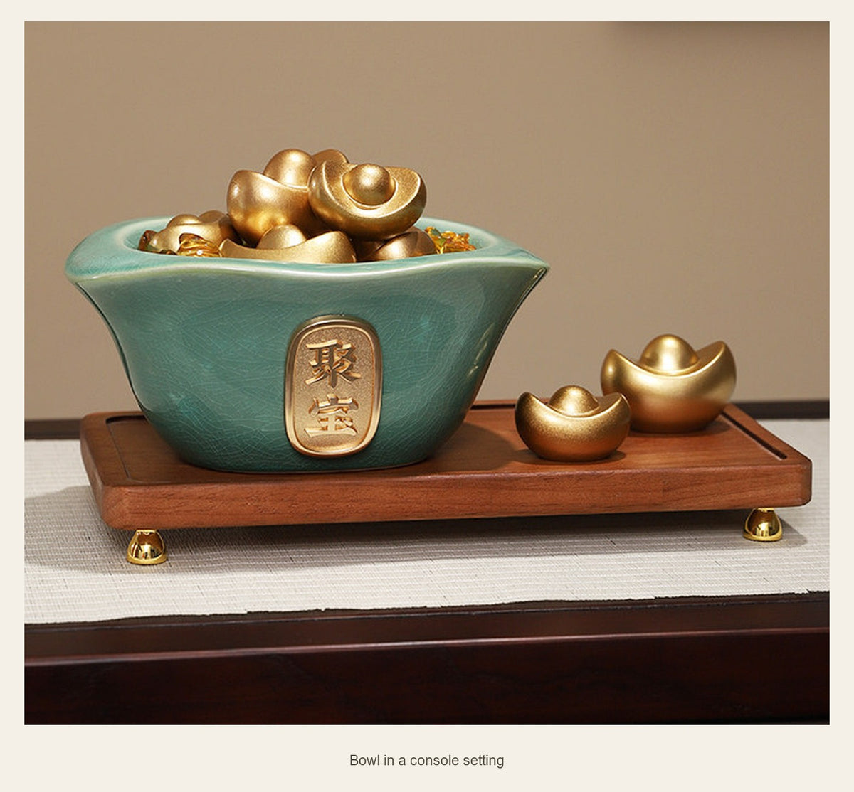 Green Ceramic Wealth Bowl with Wood Base — bowl in a console setting
