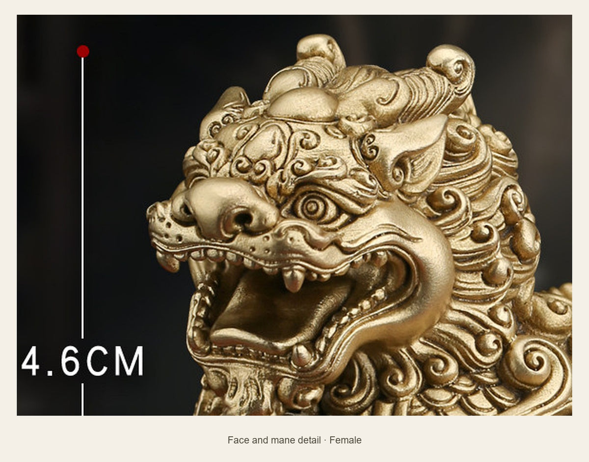Mini Brass Dragon-Scale Pixiu Statue — face and mane detail (Female)