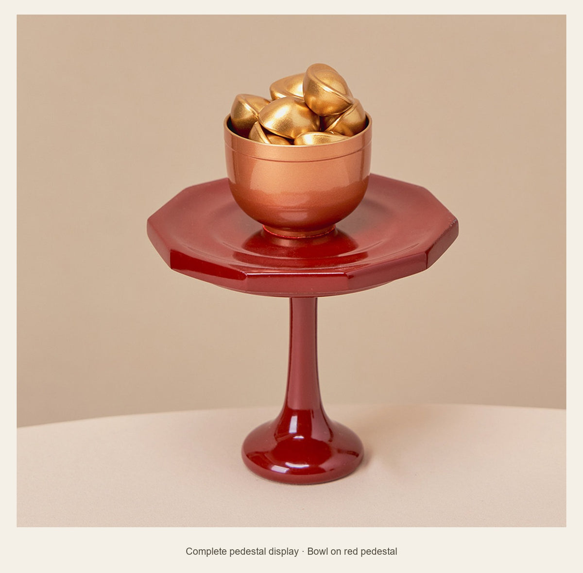 Mini Brass Wealth Bowl with Ingots — 4.7 cm — complete pedestal display (Bowl on red pedestal)