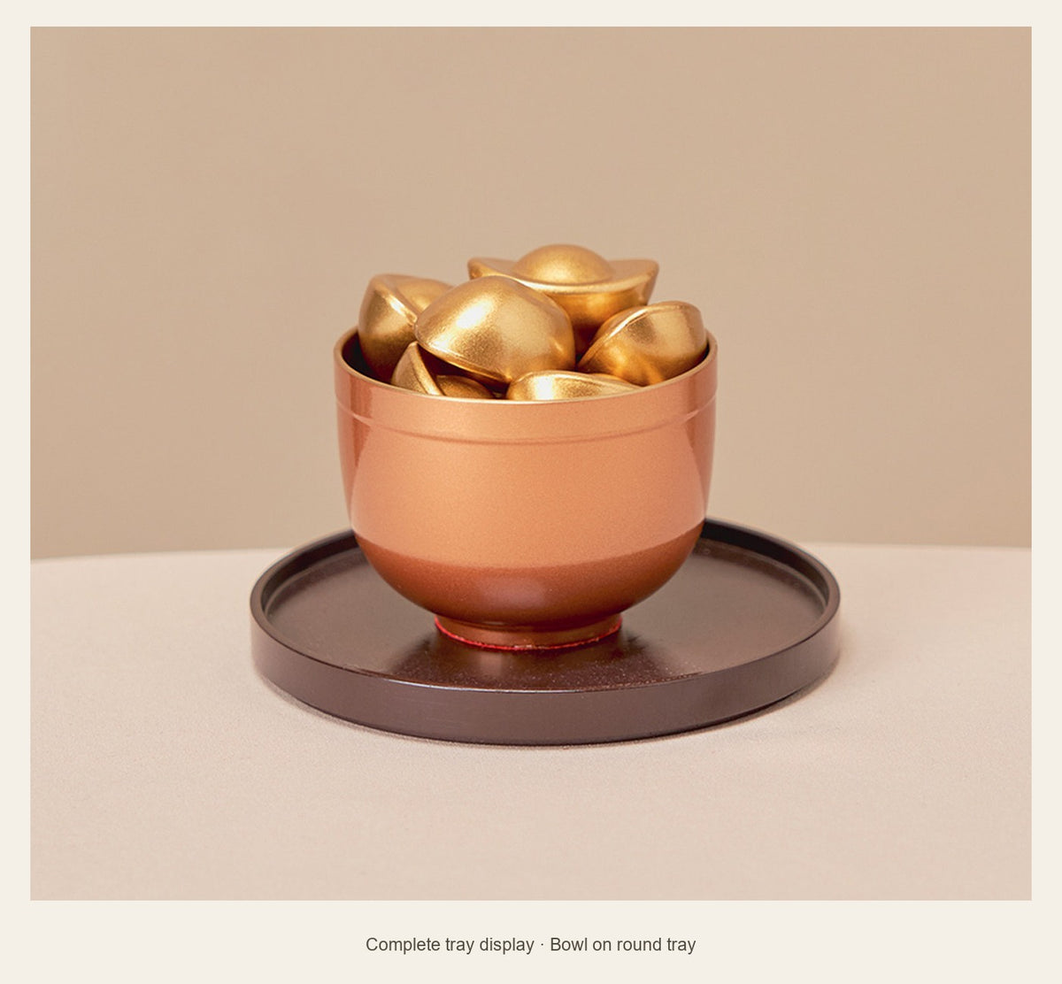 Mini Brass Wealth Bowl with Ingots — 4.7 cm — complete tray display (Bowl on round tray)