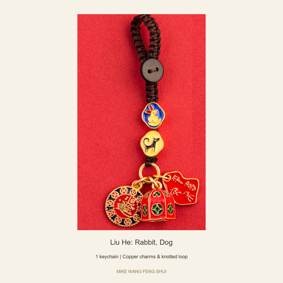 Copper Zodiac Ally Keychain — San He & Liu He — Liu He: Rabbit, Dog — full view #Design_Liu He: Rabbit, Dog