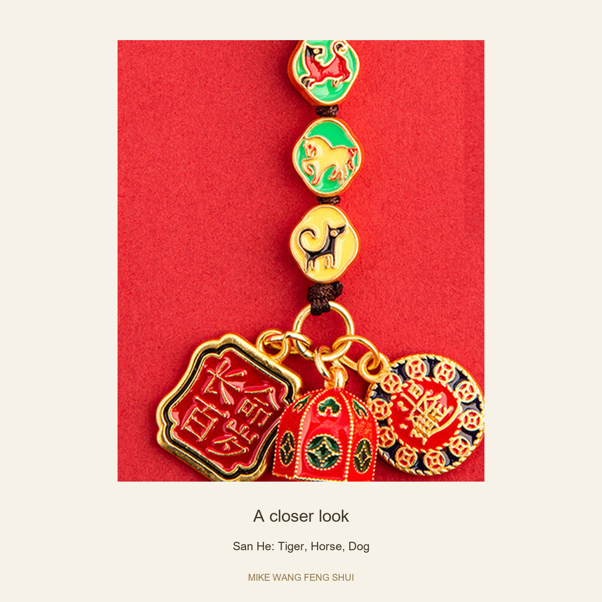 Copper Zodiac Ally Keychain — San He & Liu He — San He: Tiger, Horse, Dog — detail #Design_San He: Tiger, Horse, Dog