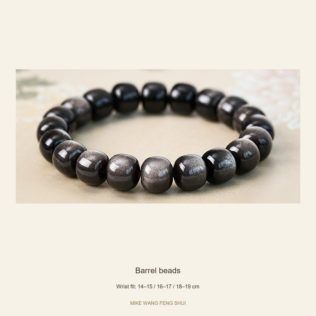 Silver Sheen Obsidian Bracelet β Round & Barrel Beads β Barrel beads β full view #Style_Barrel beads