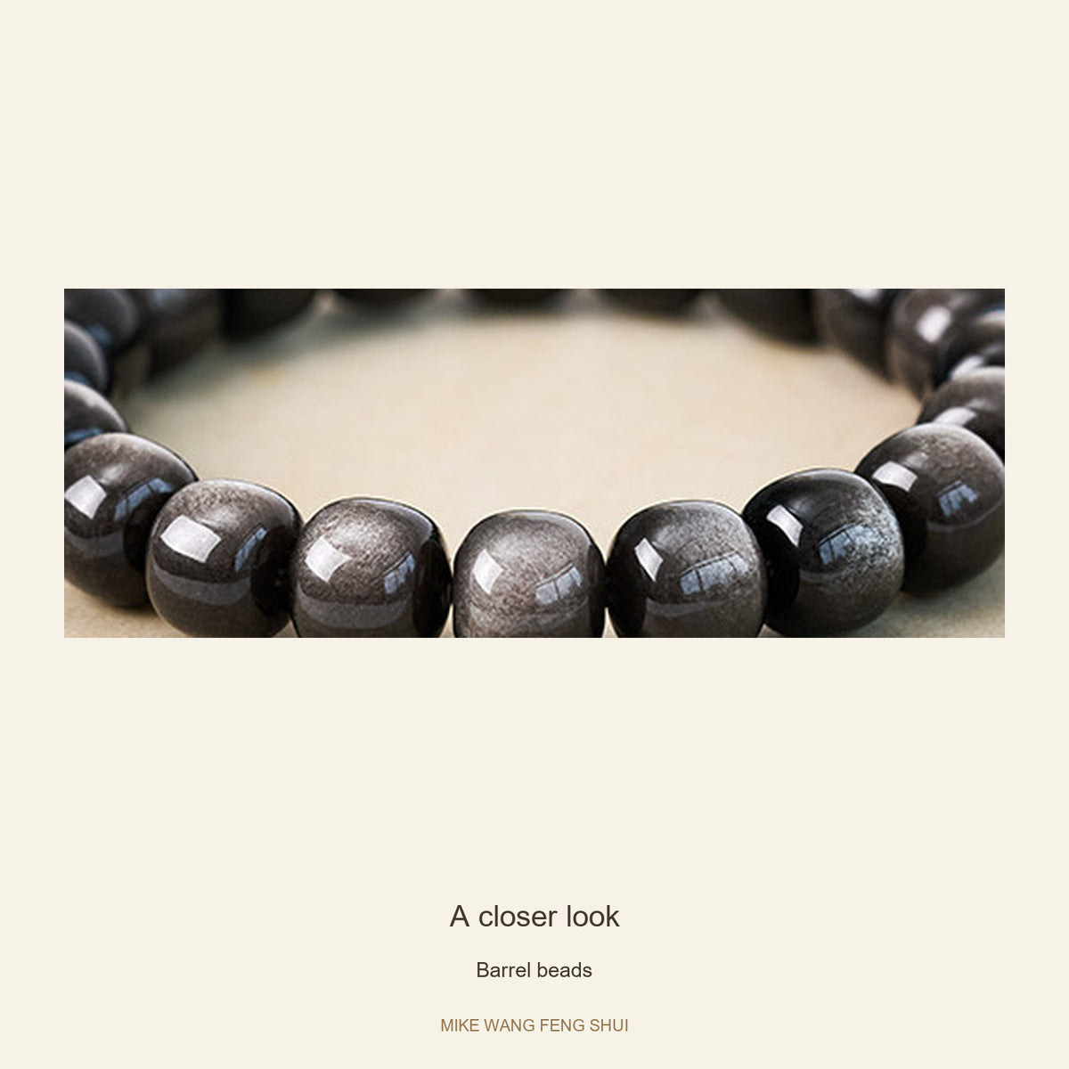 Silver Sheen Obsidian Bracelet — Round & Barrel Beads — Barrel beads — detail #Style_Barrel beads