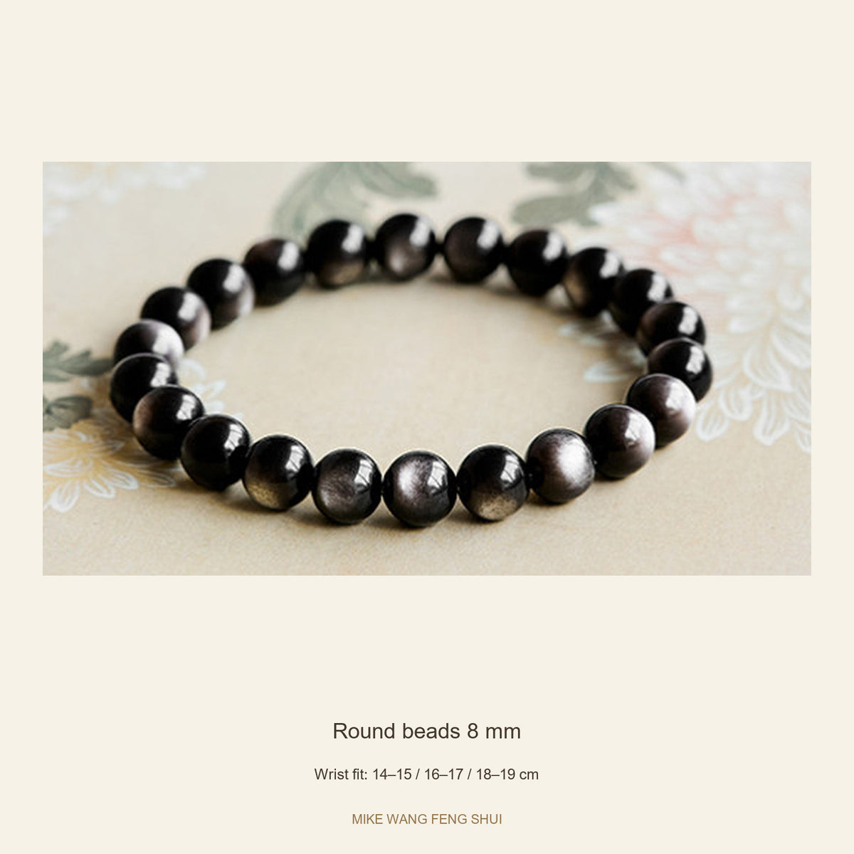 Silver Sheen Obsidian Bracelet — Round & Barrel Beads — Round beads 8 mm — full view #Style_Round beads 8 mm