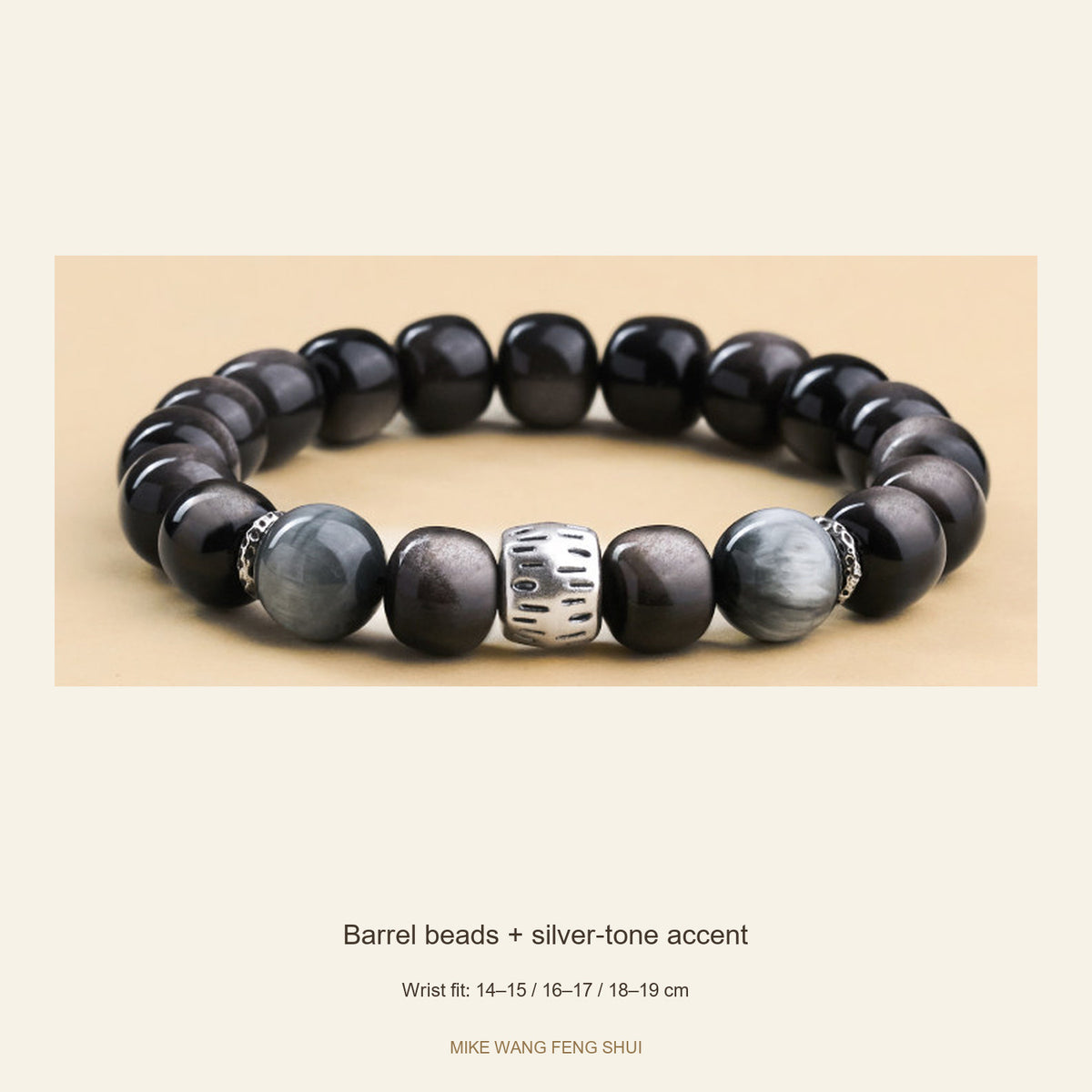 Silver Sheen Obsidian Bracelet — Round & Barrel Beads — Barrel beads + silver-tone accent — full view #Style_Barrel beads + silver-tone accent