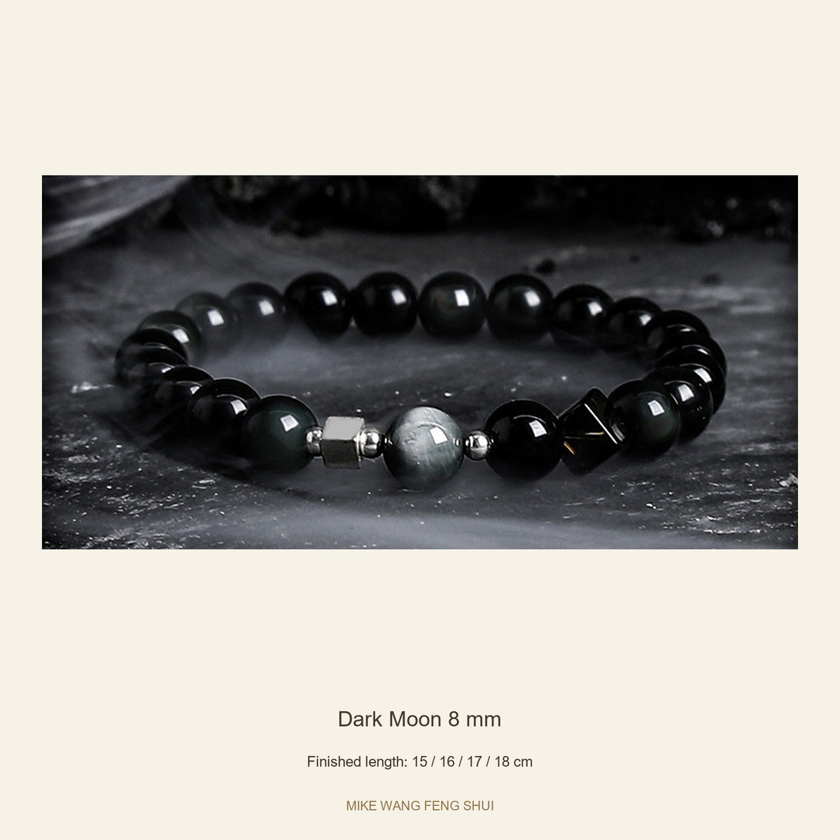 Obsidian Accent Bracelet — Dark Moon & Tiger Eye — Dark Moon 8 mm — full view #Style_Dark Moon 8 mm