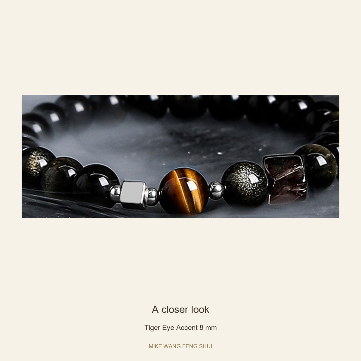 Obsidian Accent Bracelet — Dark Moon & Tiger Eye — Tiger Eye Accent 8 mm — detail #Style_Tiger Eye Accent 8 mm
