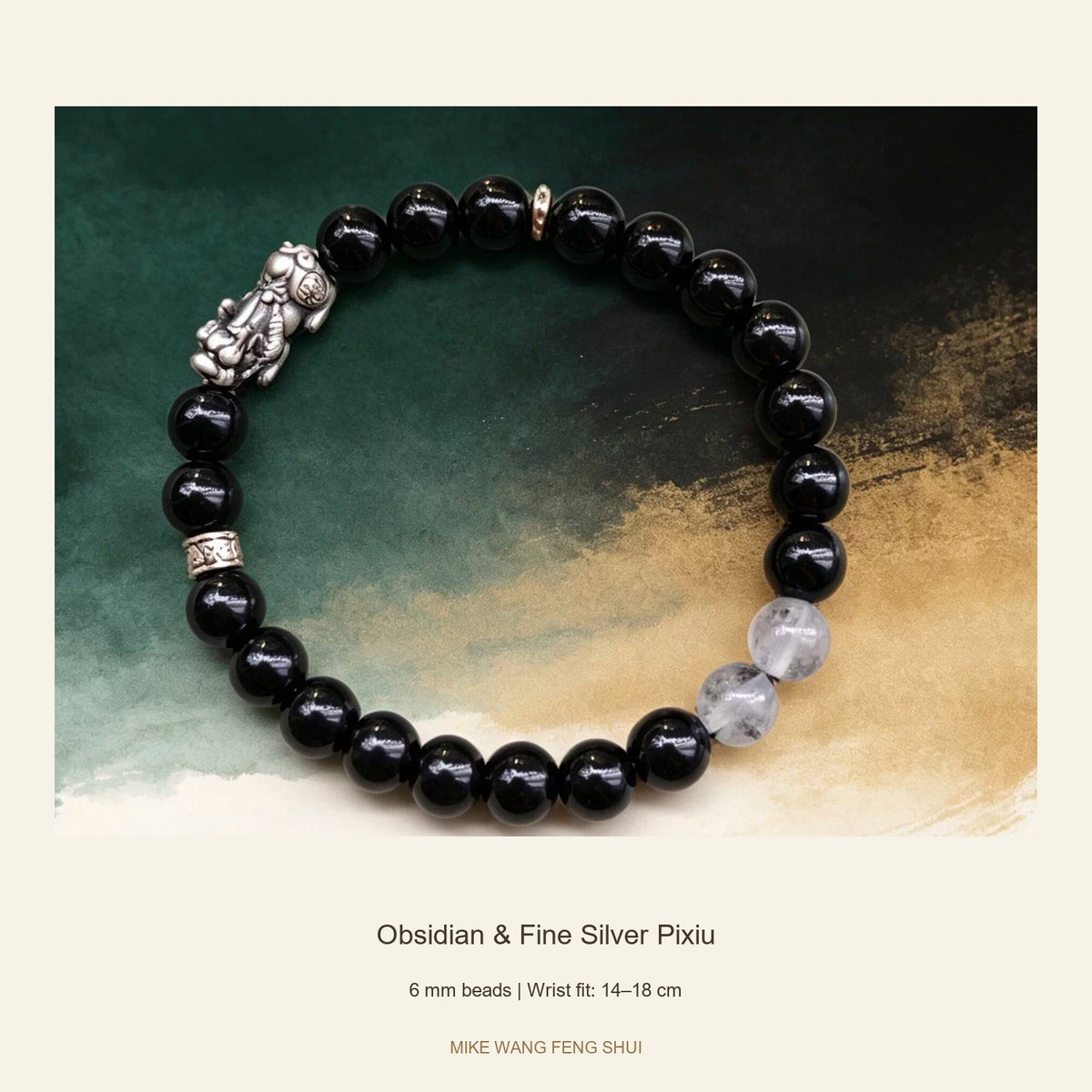 6 mm Obsidian & Fine Silver Pixiu Bracelet — Obsidian & Fine Silver Pixiu — full view