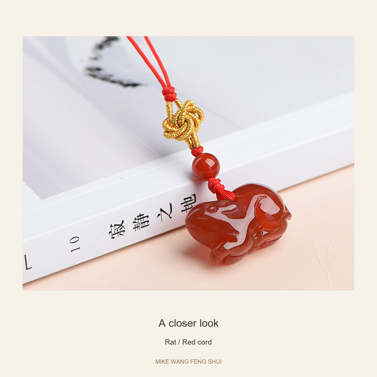 Red Agate Chinese Zodiac Phone Charm — Rat / Red cord — detail #Design_Rat / Red cord