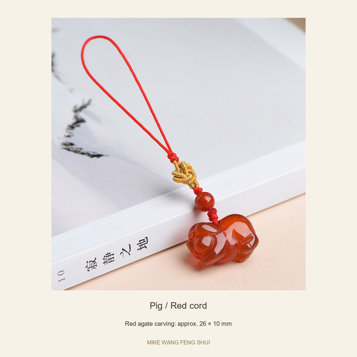 Red Agate Chinese Zodiac Phone Charm — Pig / Red cord — full view #Design_Pig / Red cord