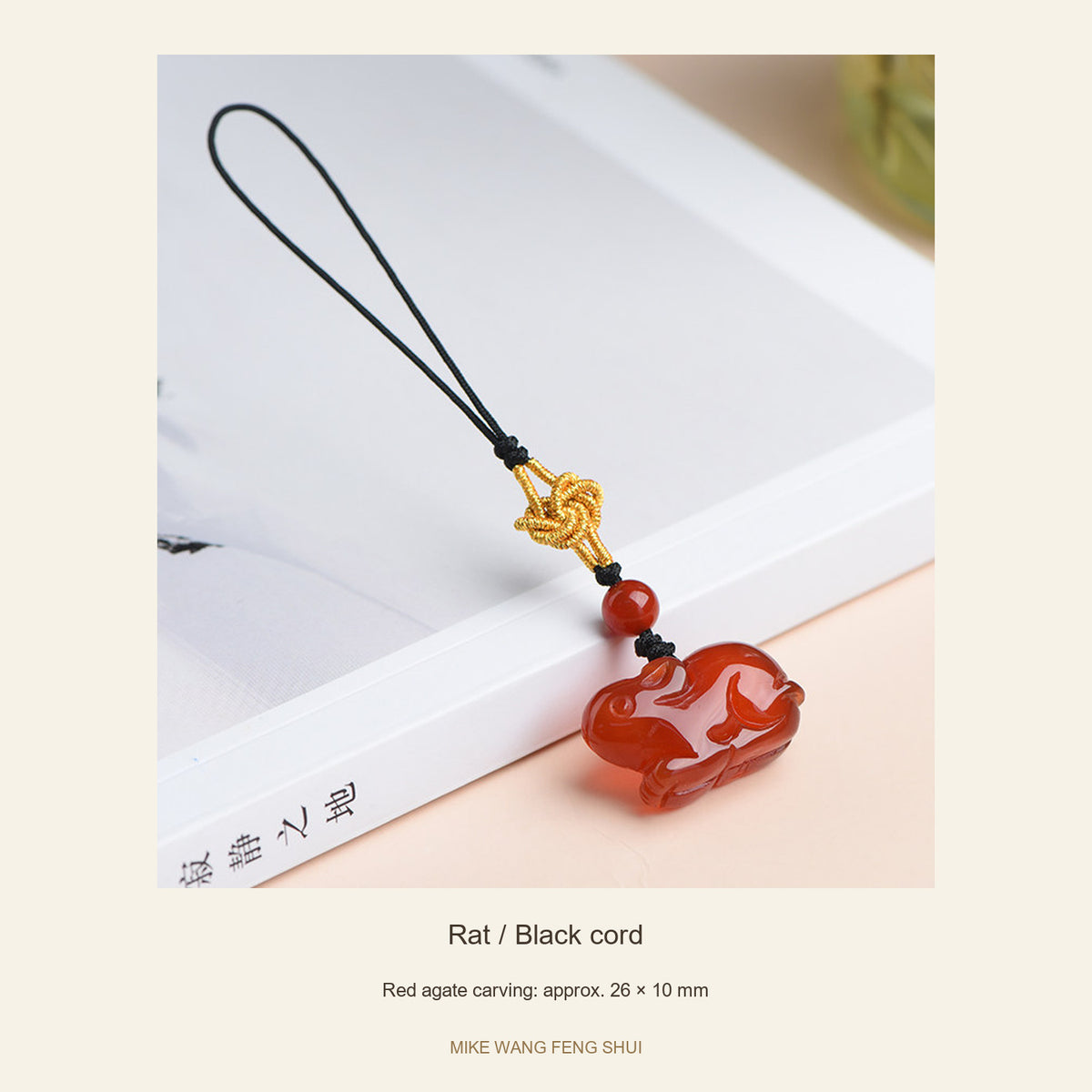 Red Agate Chinese Zodiac Phone Charm — Rat / Black cord — full view #Design_Rat / Black cord