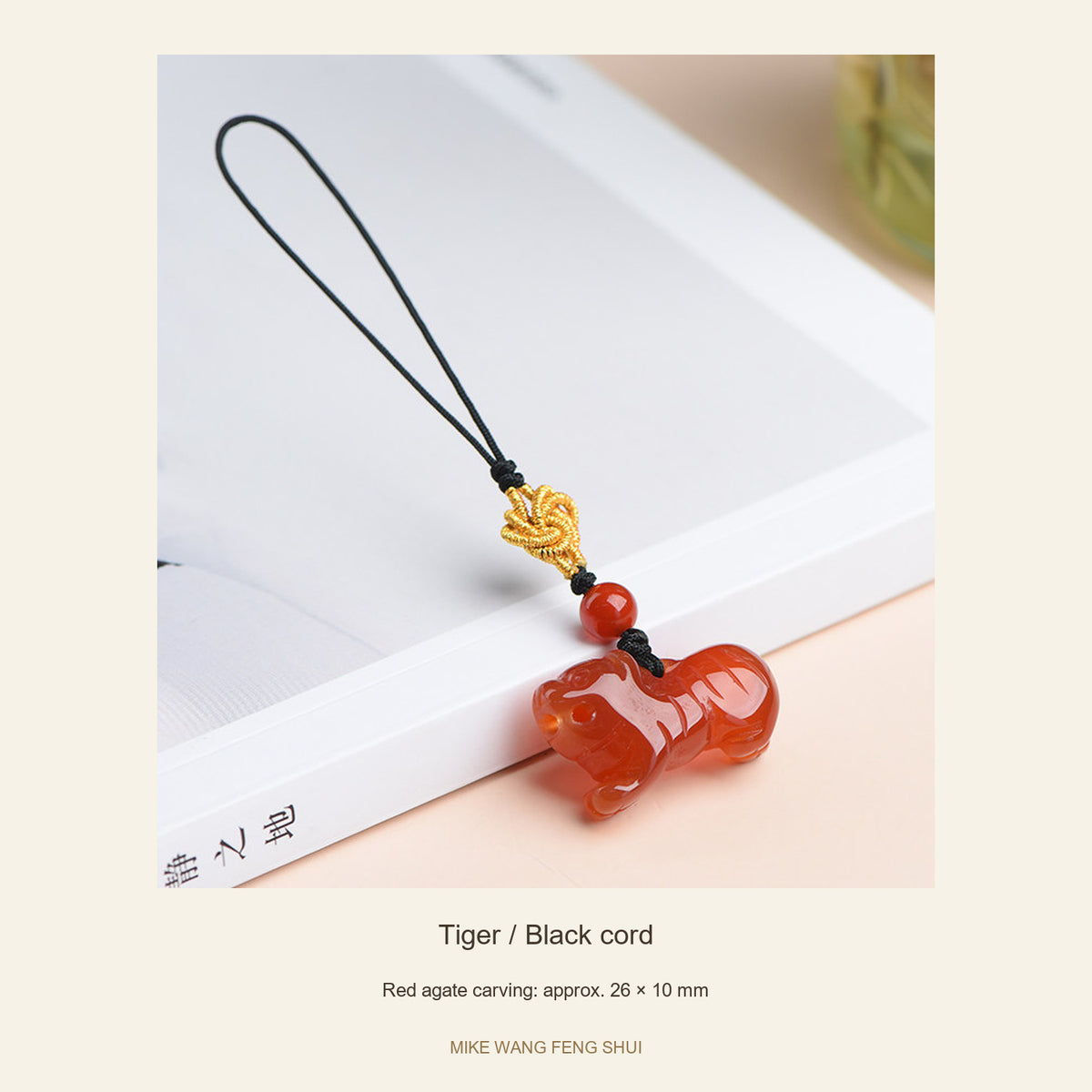 Red Agate Chinese Zodiac Phone Charm — Tiger / Black cord — full view #Design_Tiger / Black cord