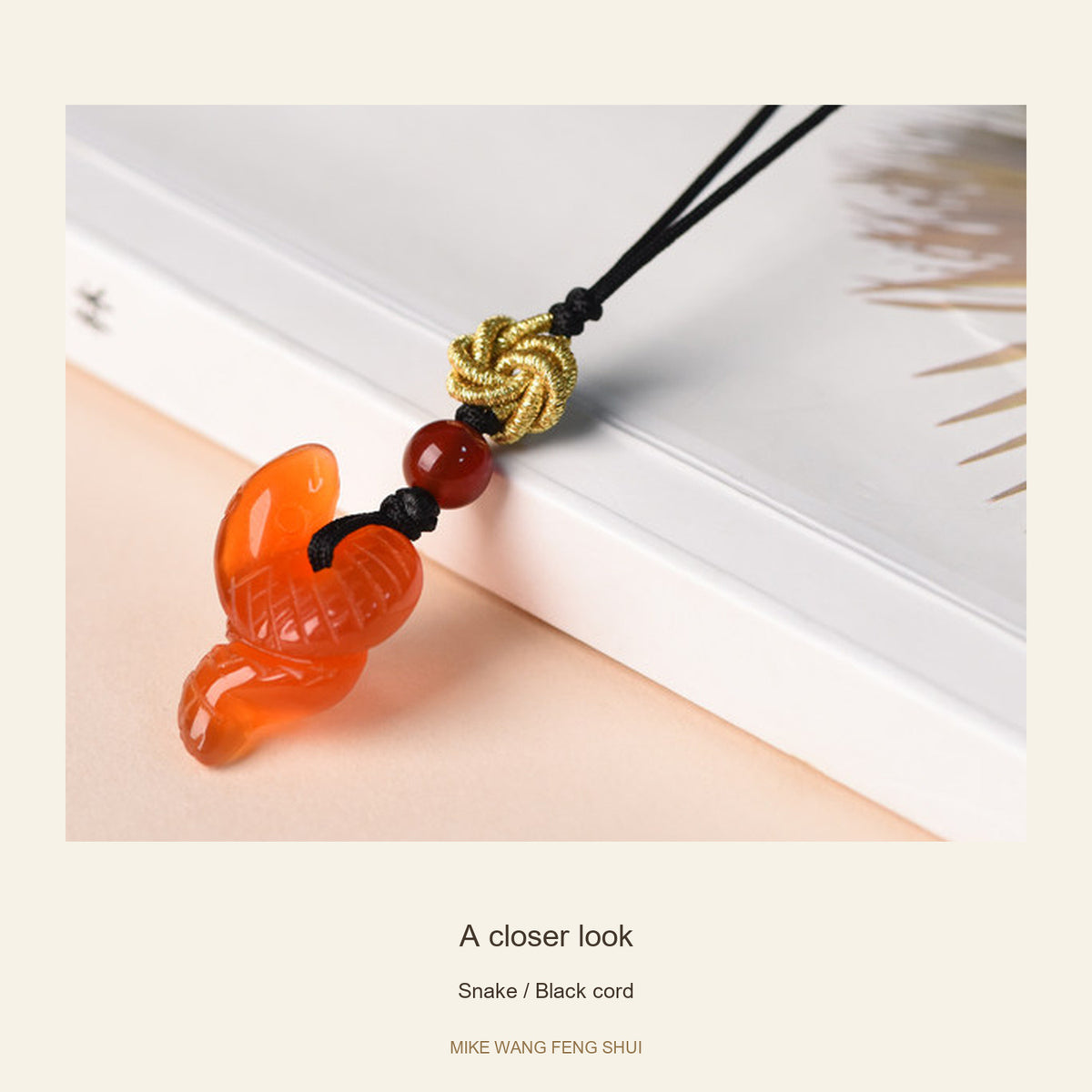 Red Agate Chinese Zodiac Phone Charm — Snake / Black cord — detail #Design_Snake / Black cord