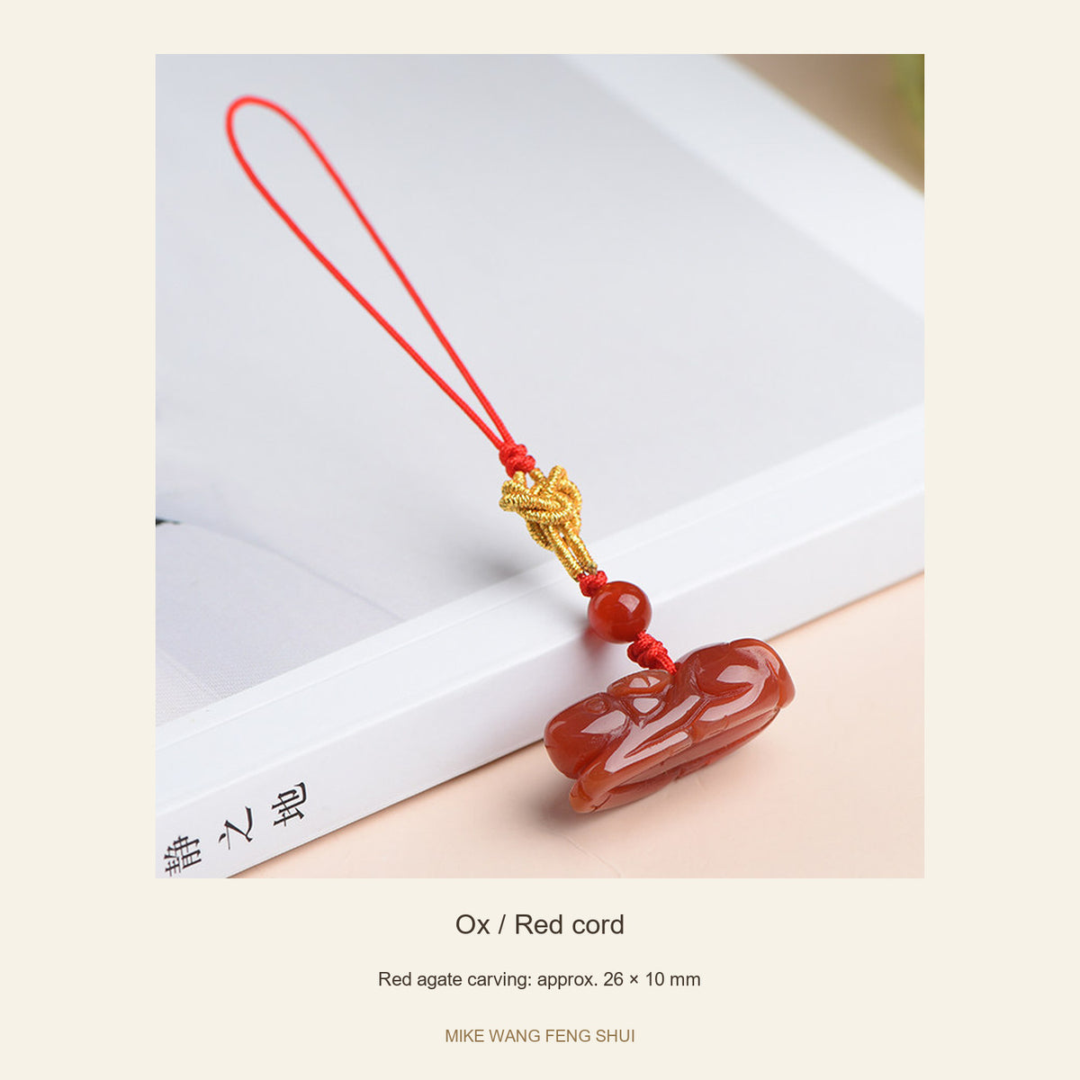 Red Agate Chinese Zodiac Phone Charm — Ox / Red cord — full view #Design_Ox / Red cord